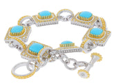 Cushion Blue Turquoise Sterling Silver Bracelet with gold accents and sparkling gemstones.